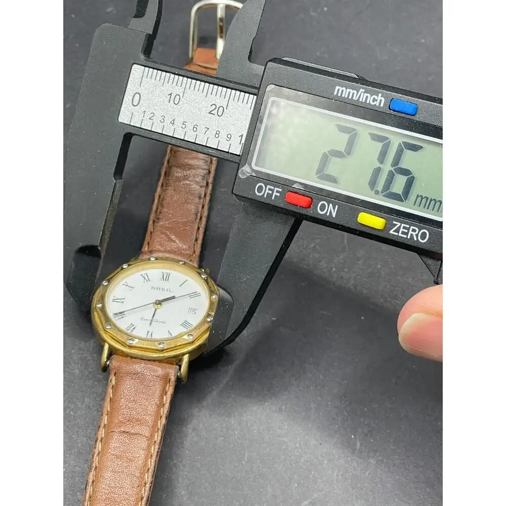 Vintage BREIL Davos Quartz Gold Tone Date Womne's Watch Brown Leather Band 28mm